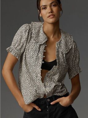 The Keira Collared Button-Front Blouse by Pilcro Size S Neutral Motif